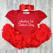 Load image into Gallery viewer, Baby girls short sleeve red tutu romper with bow headband above. The tutu romper features white script lettering saying Personalised Name's 1st Father's Day.