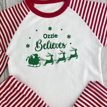 Load image into Gallery viewer, Personalised Children's Christmas Pyjamas, Santa & Sleigh Red & White Stripe, Boys & Girls X-Mas PJ's