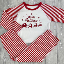 Load image into Gallery viewer, Personalised Children's Christmas Pyjamas, Santa & Sleigh Red & White Stripe, Boys & Girls X-Mas PJ's
