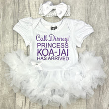 Load image into Gallery viewer, Call Disney! Princess... Has Arrived Personalised Baby Girl Tutu Romper With Headband, Purple Glitter Design