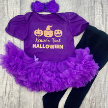 Load image into Gallery viewer, Dark Purple tutu romper with matching bow headband above, and black tights
