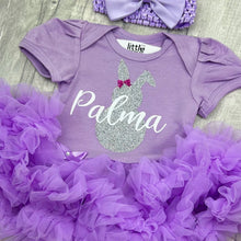 Load image into Gallery viewer, Personalised Silver Easter Bunny Baby Girl Lilac Tutu Romper With Matching Bow Headband