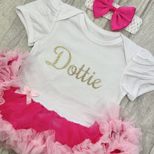 Load image into Gallery viewer, Personalised Baby Girl Tutu Romper With Headband, Gold Glitter Name