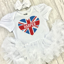 Load image into Gallery viewer, Baby girls short sleeve white tutu romper with bow headband above. The tutu romper features a union jack love heart design with personalised name in the middle.