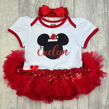 Load image into Gallery viewer, Baby girls white with red sequin tutu romper and matching bow headband above. The tutu romper features black glitter mickey mouse design with santa hat on. Personalised red glitter name.
