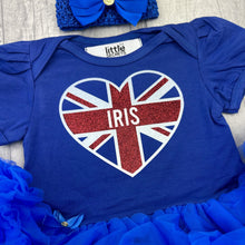 Load image into Gallery viewer, Baby girls short sleeve royal blue tutu romper with bow headband above. The tutu romper features a union jack love heart design with personalised name inside.