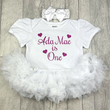 Load image into Gallery viewer, Baby Girls Personalised First Birthday Tutu Romper Dress with Headband