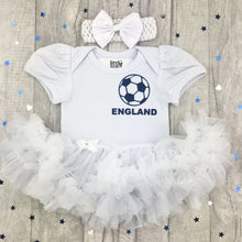 Load image into Gallery viewer, Baby Girl White tutu romper dress, featuring england the three lions football in navy blue, including a matching headband
