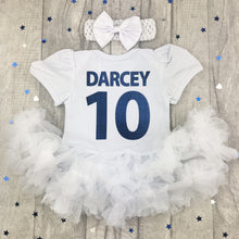 Load image into Gallery viewer, Baby Girl England, the three lions White tutu romper dress, featuring personalised Name and number on the back in navy blue, including a matching headband