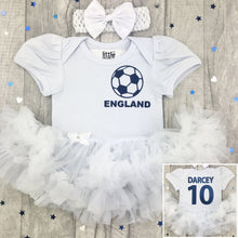 Load image into Gallery viewer, Baby Girls Personalised England Football Tutu Romper Dress