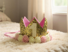 Load image into Gallery viewer, Girls Birthday Flower Gold and Pink Princess Crown