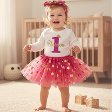 Load image into Gallery viewer, Baby girl in a pink and gold outfit with a headband