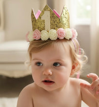 Load image into Gallery viewer, Personalised Baby Girl Birthday Crown, Gold Glitter Flower Princess Crown, 1st, 2nd & 3rd Birthday