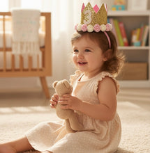 Load image into Gallery viewer, Personalised Baby Girl Birthday Crown, Gold Glitter Flower Princess Crown, 1st, 2nd & 3rd Birthday
