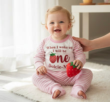Load image into Gallery viewer, Personalised ‘When I Wake Up I’ll Be One’ Strawberry Birthday Pyjamas, Baby Girl Birthday Eve PJs