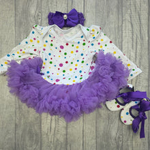 Load image into Gallery viewer, Baby Girls Purple Polka Dot Long Sleeve Tutu Romper Set