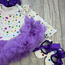 Load image into Gallery viewer, Baby Girls Purple Polka Dot Long Sleeve Tutu Romper Set