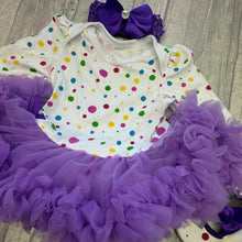 Load image into Gallery viewer, Baby Girls Purple Polka Dot Long Sleeve Tutu Romper Set