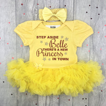 Load image into Gallery viewer, Step Aside Belle There's A New Princess In Town Disney Yellow Tutu Romper With Headband