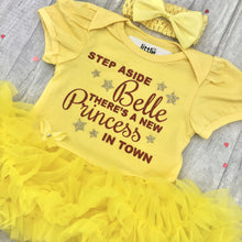 Load image into Gallery viewer, Step Aside Belle There's A New Princess In Town Disney Yellow Tutu Romper With Headband