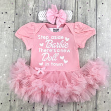 Load image into Gallery viewer, Baby Girls Pink Barbie Tutu Romper with Headband, Step aside Barbie There's a new Doll in town