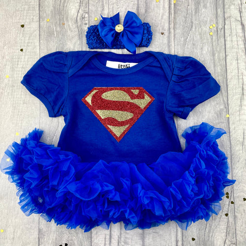 Baby Girl Superman Tutu Romper With Matching Bow Headband, Baby Superhero Dress