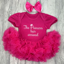 Load image into Gallery viewer, Baby girls short sleeve dark pink tutu romper with bow headband. The tutu romper features white glitter script lettering saying The Princess has arrived.