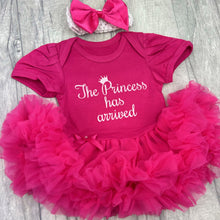 Load image into Gallery viewer, Baby girls short sleeve dark pink tutu romper with bow headband. The tutu romper features white glitter script lettering saying The Princess has arrived.