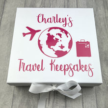 Load image into Gallery viewer, White large gift box with ribbon tie fasten. Hot Pink Travel Keepsakes design.