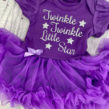 Load image into Gallery viewer, Twinkle Twinkle Little Star Baby Girl Tutu Romper With Matching Bow Headband, Christmas Silver Text
