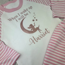 Load image into Gallery viewer, Pink and white striped baby outfit with rose gold glitter text and design