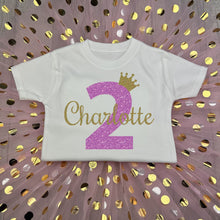 Load image into Gallery viewer, White top with pink and gold polka dot skirt. The top features light pink glitter number 2 and gold glitter crown and name.