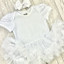 Load image into Gallery viewer, Plain White Baby Girl Tutu Romper With Matching Bow Headband