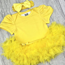 Load image into Gallery viewer, Plain Yellow Baby Girl Tutu Romper With Matching Bow Headband