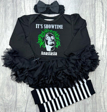Load image into Gallery viewer, Beetlejuice Personalised Black Long Sleeved Tutu Romper with leg warmers and headband - Little Secrets Clothing