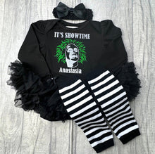 Load image into Gallery viewer, Beetlejuice Personalised Black Long Sleeved Tutu Romper with leg warmers and headband - Little Secrets Clothing
