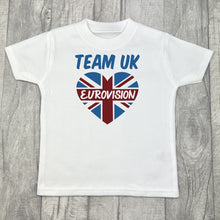 Load image into Gallery viewer, White t-shirt featuring union jack love heart design with lettering inside saying Eurovision, and Team UK above.
