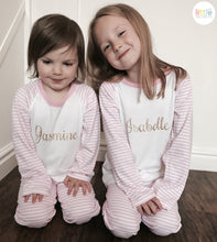 Load image into Gallery viewer, Personalised Pink and White Girls Pyjamas, Gold Glitter Text - Little Secrets Clothing