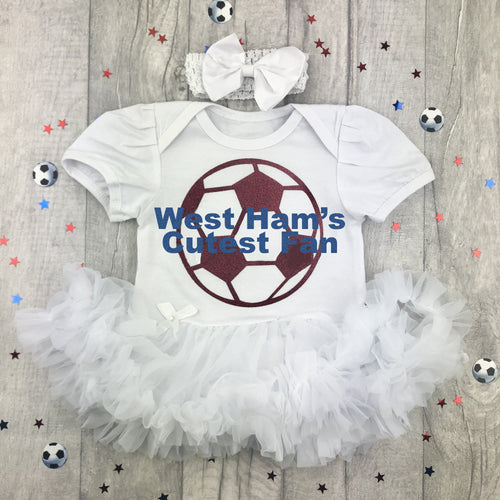 White baby girl tutu romper with maroon Football design and blue text, Including white matching headband