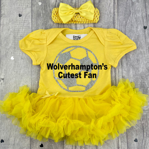 Wolverhampton's Cutest Fan, Yellow baby girl tutu romper dress with matching yellow headband, featuring a silver football design with Black writing 