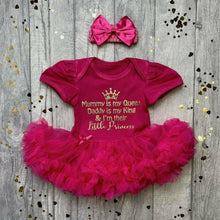 Load image into Gallery viewer, 'Mummy Is My Queen, Daddy Is My King & I'm Their Little Princess' Baby Girl Tutu Romper With Matching Bow Headband