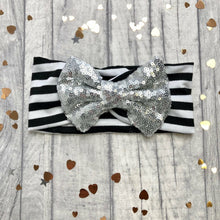 Load image into Gallery viewer, Baby Girl Black Striped Headband with Navy, Silver or Gold Sequin Glitter Bow