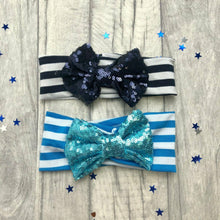 Load image into Gallery viewer, Baby Girl Multi Coloured Striped Headband with Light Blue or Navy Sequin Glitter Bow