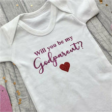 Load image into Gallery viewer, Will You Be My Godparent? Baby Girl or Boy White Short Sleeve Romper - Little Secrets Clothing