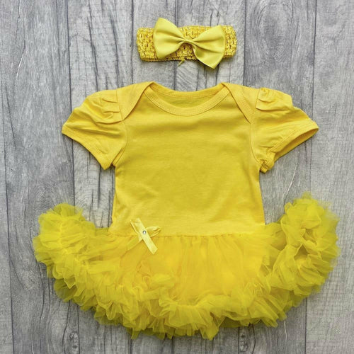Plain Yellow Baby Girl Tutu Romper With Matching Bow Headband