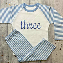 Load image into Gallery viewer, Birthday Boys Numbered Blue Stripe Pyjamas