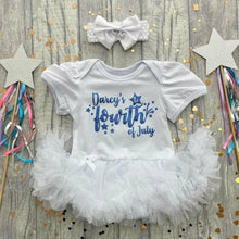 Load image into Gallery viewer, Personalised '1st Fourth of July' Baby Girl Tutu Romper With Matching Bow Headband, Light Blue Glitter