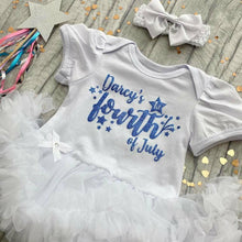 Load image into Gallery viewer, Personalised '1st Fourth of July' Baby Girl Tutu Romper With Matching Bow Headband, Light Blue Glitter