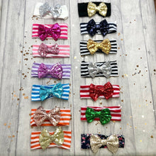 Load image into Gallery viewer, Baby Girl Black Striped Headband with Navy, Silver or Gold Sequin Glitter Bow