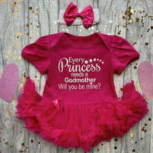 Load image into Gallery viewer, 'Will You Be My Godmother?' Baby Girl Tutu Romper With Matching Bow Headband, Princess